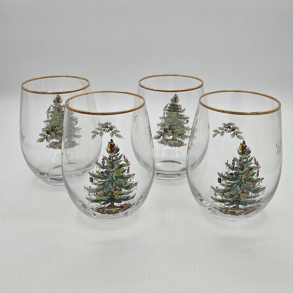 Set of 4 Spode Christmas Tree Stemless Wine Glasses with Gold Rim